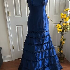 Satin Navy Maxi Dress with Tiered Ruffle Skirt